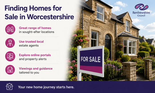 “Why Move to Renfrewshire homes for sale guide highlighting a range of property options, trusted local estate agents, online property searches, and expert viewing support, featuring a modern home with a prominent for sale sign.”