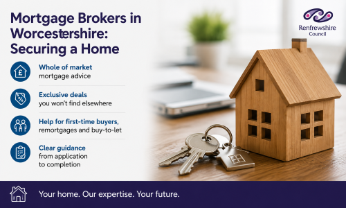 “Why Move to Renfrewshire mortgage guide highlighting whole-of-market mortgage advice, support for first-time buyers, remortgages, buy-to-let options, and expert guidance through the home-buying process, featuring a model house and house keys.”