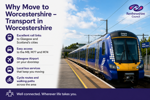 “Why Move to Renfrewshire transport guide highlighting strong rail links, motorway access, Glasgow Airport connections, local bus services, and cycling routes, featuring a modern passenger train at a station platform.”