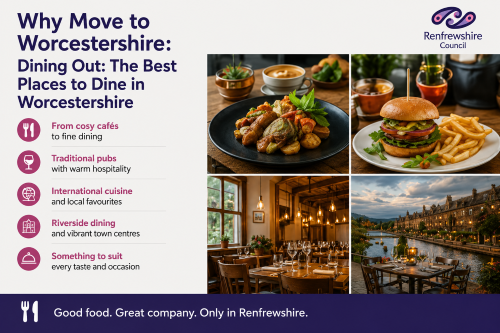 “Why Move to Renfrewshire dining guide showcasing cosy cafés, traditional pubs, international cuisine, riverside dining, and local food experiences, featuring stylish restaurant interiors and popular dining dishes in a modern promotional layout.”