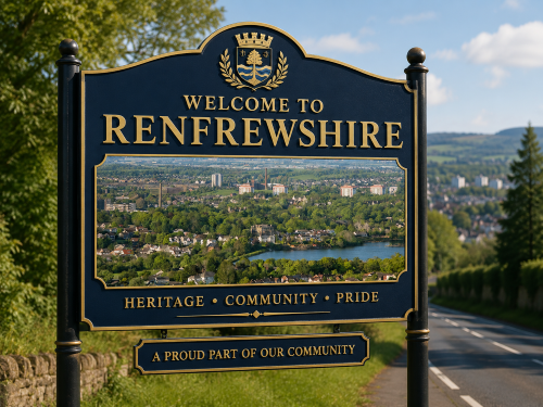 Welcome to Renfrewshire road sign featuring gold lettering, a crest, and a scenic view of homes, greenery, water, and distant hills. Why Move to Renfrewshire