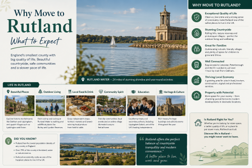 Infographic titled “Why Move to Rutland: What to Expect”, featuring Rutland Water, countryside views, historic villages and lifestyle sections on outdoor living, local food and drink, community spirit, education, heritage and culture. The graphic highlights Rutland as England’s smallest county, promoting its quality of life, rural setting, family-friendly communities, access to Oakham, Uppingham, Leicester, Peterborough and the A1, and its appeal for people seeking countryside living with modern convenience. Why Move to Ruthland
