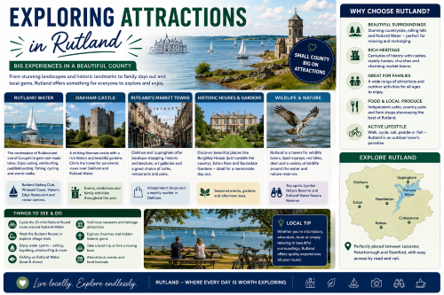 Infographic titled “Exploring Attractions in Rutland”, featuring Rutland Water, Oakham Castle, market towns, historic houses, gardens, wildlife and outdoor activities. The graphic highlights Rutland Water, Oakham, Uppingham, Hambleton, Ketton, Cottesmore and Exton, promoting sailing, cycling, walking, birdwatching, heritage attractions, local food, family days out and Rutland’s countryside lifestyle. Why Move to Ruthland