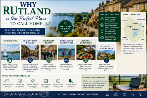 Infographic titled “Why Rutland is the Perfect Place to Call Home”, featuring Rutland Water, countryside villages, stone cottages and a map showing Rutland’s connections to Leicester, Peterborough, Stamford, Market Harborough, Corby, the A1 and A47. The graphic highlights life by the water, charming towns and villages, schools, outdoor living, local food, independent shops, low crime, community spirit, heritage, events, green space and modern rural living. Why Move to Ruthland