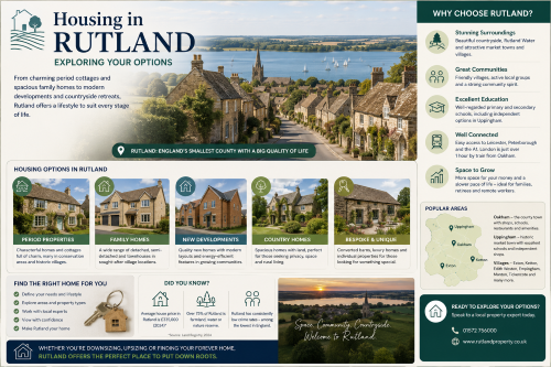 Infographic titled “Housing in Rutland: Exploring Your Options”, featuring countryside homes, Rutland Water, historic villages and housing types such as period properties, family homes, new developments, country homes and unique converted properties. The graphic highlights reasons to choose Rutland, including scenic surroundings, strong communities, education, transport links to Leicester, Peterborough and the A1, and popular areas such as Oakham, Uppingham, Ketton and Exton. Why Move to Ruthland