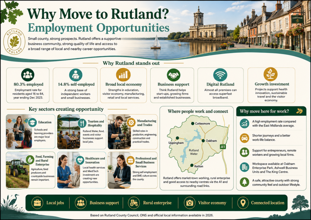 Infographic titled “Why Move to Rutland? Employment Opportunities”, featuring Rutland Water, Oakham, village streets and a county map highlighting Oakham, Uppingham, Ketton and Cottesmore. The graphic outlines local employment strengths, including education, tourism and hospitality, farming, manufacturing and trades, healthcare, professional services, business support, broadband connectivity, self-employment and access to nearby centres via the A1. Why Move to Ruthland