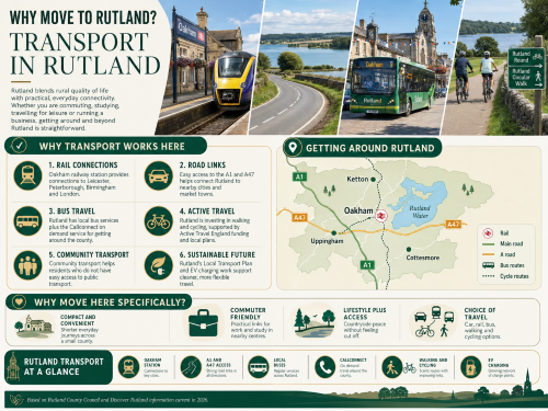 Infographic titled “Why Move to Rutland? Transport in Rutland”, featuring Oakham railway station, rural roads, local buses, cycling routes and Rutland Water. The graphic highlights rail connections from Oakham, access to the A1 and A47, local bus and Callconnect services, community transport, walking and cycling routes, EV charging and a county map showing Oakham, Uppingham, Ketton, Cottesmore and Rutland Water. Why Move to Ruthland