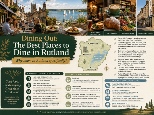 Infographic titled “Dining Out: The Best Places to Dine in Rutland”, featuring market town dining, Rutland Water, country pubs, cafés, bakeries, farm shops and local produce. The graphic highlights Oakham, Uppingham, Hambleton and Rutland Water as key dining areas, promoting independent restaurants, scenic lakeside meals, village pubs, food festivals, walkable town centres and Rutland’s strong local food culture. Why Move to Ruthland