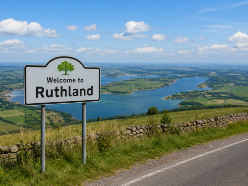 White “Welcome to Ruthland” road sign beside a rural road, overlooking a large reservoir, green fields, stone walls and open countryside under a blue sky. Why Move to Ruthland