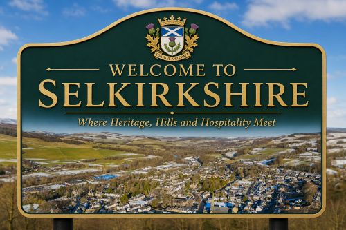 Welcome to Selkirkshire road sign featuring gold lettering, a crest, and an aerial view of a town surrounded by rolling hills and patchy snow. Why Move to Selkirkshire