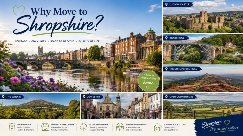 : Scenic montage titled “Why Move to Shropshire?” showing Shrewsbury riverside, Ludlow Castle, Ironbridge, the Shropshire Hills, The Wrekin, Oswestry market town and open countryside. The image promotes Shropshire’s heritage, community, outdoor lifestyle and quality of life, with a bright, welcoming design and footer icons for historic towns, market towns, landscapes, strong communities and places to live. Why Move to Shropshire