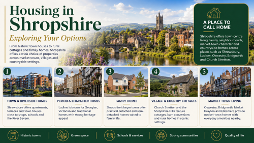 Infographic titled “Housing in Shropshire: Exploring Your Options” showing housing choices across the county. It features Shrewsbury riverside, Ludlow-style period homes, modern family houses, rural cottages near the Shropshire Hills and market town streets. The design highlights town and riverside homes, period and character homes, family homes, village and country cottages, and market town living in places such as Shrewsbury, Ludlow, Oswestry, Bridgnorth and Church Stretton. Why Move to Shropshire