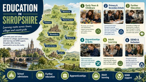Infographic titled “Education in Shropshire” showing learning routes across towns, villages and countryside. It features a Shropshire map with locations including Shrewsbury, Oswestry, Whitchurch, Market Drayton, Bridgnorth, Church Stretton and Ludlow. The design highlights early years and childcare, primary and secondary schools, further education, apprenticeships and skills, adult learning, and SEND inclusion, with references to Shrewsbury College and Herefordshire, Ludlow and North Shropshire College. Why Move to Shropshire