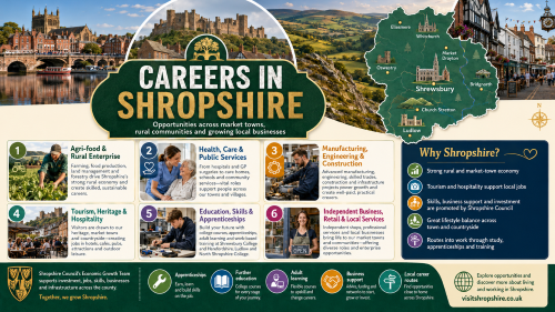 Infographic titled “Careers in Shropshire” showing career opportunities across market towns, rural communities and local businesses. It features Shrewsbury, Ludlow Castle, the Shropshire Hills, a county map and towns including Ellesmere, Whitchurch, Market Drayton, Oswestry, Bridgnorth, Church Stretton and Ludlow. The design highlights careers in agri-food and rural enterprise, health and care, manufacturing, engineering and construction, tourism and hospitality, education and apprenticeships, independent businesses, retail and local services. Why Move to Shropshire