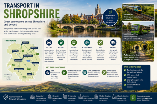 Infographic titled “Transport in Shropshire” showing transport links across Shropshire and beyond. It features Shrewsbury riverside, a county map with towns including Ellesmere, Oswestry, Shrewsbury, Market Drayton, Whitchurch, Bridgnorth, Church Stretton and Ludlow, plus road, rail, bus, active travel, air and freight sections. The design highlights routes such as the M54, A5, A49 and A53, rail links to Birmingham, Manchester, Chester and London, local bus services, walking and cycling routes, sustainable travel and Shropshire’s market town connections. Why Move to Shropshire
