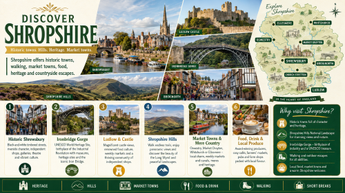 Infographic titled “Discover Shropshire” promoting the county as a visitor destination. It features Shrewsbury riverside, Ludlow Castle, Ironbridge Gorge, the Shropshire Hills, Bridgnorth and a county map with Ellesmere, Whitchurch, Oswestry, Market Drayton, Shrewsbury, Church Stretton and Ludlow. The design highlights historic Shrewsbury, Ironbridge Gorge, Ludlow and its castle, Shropshire Hills, market towns and mere country, plus food, drink and local produce. Why Move to Shropshire