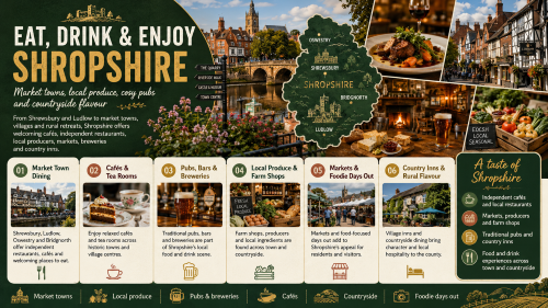 Infographic titled “Eat, Drink & Enjoy Shropshire” promoting Shropshire’s food and drink scene. It features Shrewsbury riverside, Ludlow, Oswestry, Bridgnorth, local restaurants, cafés, tea rooms, pubs, breweries, farm shops, local produce, markets and country inns. The design highlights market town dining, relaxed cafés, traditional pubs, Shropshire breweries, food-focused days out and countryside hospitality across towns, villages and rural areas. Why Move to Shropshire