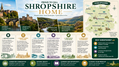 Infographic titled “Proud to Call Shropshire Home” promoting Shropshire as a place to live, work and learn. It features Shrewsbury riverside, Ludlow Castle, Ironbridge Gorge, the Shropshire Hills and a county map with towns including Ellesmere, Whitchurch, Oswestry, Market Drayton, Shrewsbury, Bridgnorth, Church Stretton and Ludlow. The design highlights heritage and history, market towns and villages, transport links, education and skills, green space and wellbeing, opportunity and community, and Shropshire’s strong sense of local pride. Why Move to Shropshire