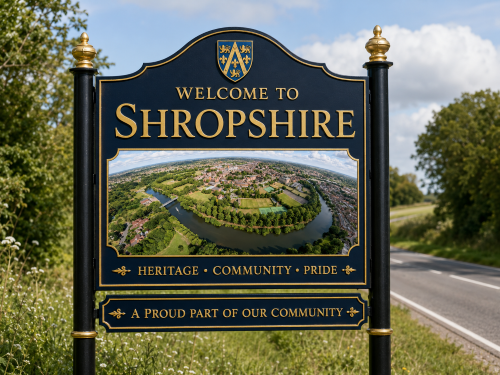 Welcome to Shropshire road sign featuring gold lettering, a crest, and an aerial view of a river, greenery, and surrounding townscape. Why Move to Shropshire