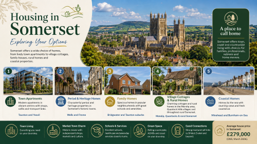 Infographic titled “Housing in Somerset: Exploring Your Options” showing housing choices across the county. It features Wells Cathedral, Somerset countryside, town apartments, period and heritage homes, family homes, village cottages, rural properties and coastal homes. The design highlights areas including Taunton, Yeovil, Wells, Frome, Bridgwater, Minehead and Burnham-on-Sea, with notes on town living, market town charm, schools, services, green space, transport links and the average Somerset house price. Why Move to Somerset