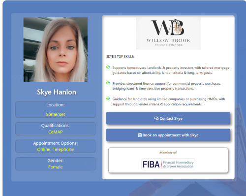 Profile card for a Somerset mortgage adviser at Willow Brook Private Finance, showing a professional headshot, location, CeMAP qualification, appointment options, mortgage support services, and contact and booking buttons. Why Move to Somerset