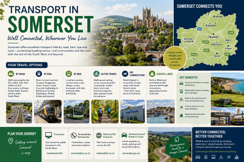 Infographic titled “Transport in Somerset” showing road, rail, bus, cycling, air and coastal travel links across the county. It features a Somerset map with Taunton, Bridgwater, Yeovil, Wells, Frome, Glastonbury, Minehead and Burnham-on-Sea, plus scenes of Wells Cathedral, countryside roads, trains, buses, cyclists, Bristol Airport and coastal harbour links. The design highlights the M5, A303, A38, A37, A358 and A39, along with journey planning resources, greener travel and connections across Somerset and the wider South West. Why Move to Somerset