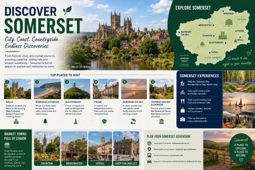 Infographic titled “Discover Somerset” promoting Somerset as a visitor destination. It features Wells Cathedral, a county map, Minehead and Exmoor, Glastonbury Tor, Frome, Burnham-on-Sea, historic houses, gardens, Taunton, Bridgwater, Yeovil and Shepton Mallet. The design highlights Somerset’s city, coast and countryside, with experiences including walking, cycling, local food, Somerset cider, markets, festivals and waterside walks. Why Move to Somerset