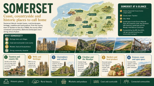 A Somerset infographic titled “Somerset”, showing Taunton, Wells, Glastonbury, Bridgwater, Yeovil, Minehead and Frome on a county map, with highlights including Wells Cathedral, Glastonbury Tor, Cheddar Gorge, Exmoor, the Somerset coast, market towns, local produce and connected communities. Why Move to Somerset