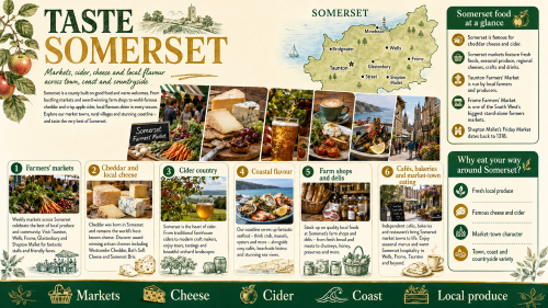 A Somerset food and drink infographic titled “Taste Somerset”, showing a county map with Taunton, Wells, Frome, Glastonbury, Shepton Mallet, Street, Bridgwater and Minehead, alongside highlights of farmers’ markets, cheddar cheese, cider, coastal seafood, farm shops, cafés, bakeries and local produce. Why Move to Somerset