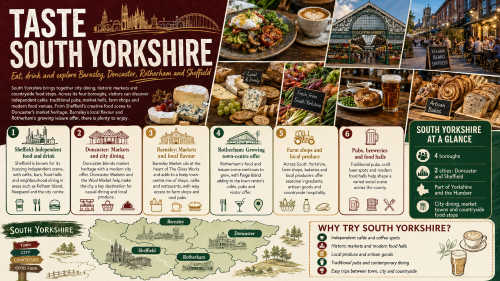 A South Yorkshire food and drink infographic titled “Taste South Yorkshire”, featuring Barnsley, Doncaster, Rotherham and Sheffield, with images of cafés, markets, local produce, pubs, bakeries, food halls, a county map, and key reasons to explore the region’s dining scene. Why Move to South Yorkshire