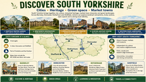 A South Yorkshire discovery infographic titled “Discover South Yorkshire”, featuring Barnsley, Doncaster, Rotherham and Sheffield, with illustrated landmarks, a county map, visitor highlights, and themes of heritage, green space, learning, innovation and travel connectivity. Why Move to South Yorkshire