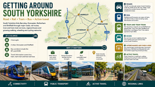 A South Yorkshire transport infographic titled “Getting Around South Yorkshire”, showing Barnsley, Doncaster, Rotherham and Sheffield on a county map, with information on roads, rail, tram, buses, interchanges, Park & Ride, active travel, and key regional connections. Why Move to South Yorkshire
