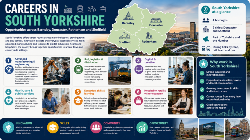 A South Yorkshire careers infographic titled “Careers in South Yorkshire”, featuring Barnsley, Doncaster, Rotherham and Sheffield on a county map, with career sectors including advanced manufacturing, rail and logistics, digital and creative, health and care, education, hospitality, retail and the visitor economy. Why Move to South Yorkshire