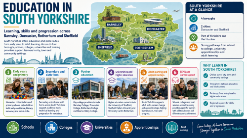 A South Yorkshire education infographic titled “Education in South Yorkshire”, showing Barnsley, Doncaster, Rotherham and Sheffield on a county map, with pathways for early years, schools, colleges, universities, apprenticeships, adult learning and SEND support. Why Move to South Yorkshire