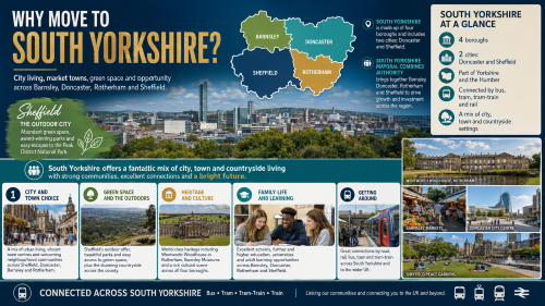 A South Yorkshire relocation infographic titled “Why Move to South Yorkshire?”, showing Barnsley, Doncaster, Rotherham and Sheffield on a county map, with reasons to live there including city and town choice, green space, heritage, family learning, transport links, opportunity and growth. Why Move to South Yorkshire