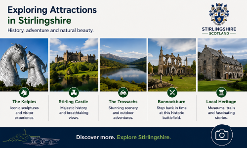 “Why Move to Stirlingshire: Exploring Attractions in Stirlingshire” infographic showcasing some of the region’s most popular landmarks, heritage sites and outdoor destinations. The image features iconic attractions including The Kelpies, Stirling Castle, the Trossachs National Park, the historic Bannockburn battlefield area, and local heritage sites. Designed in Stirlingshire-inspired blue and green colours with a Scottish crest and local landmark illustrations, the graphic highlights the area's rich history, cultural heritage, scenic landscapes and outdoor adventures. It demonstrates why Stirlingshire is an attractive place to live, visit and explore, offering a unique blend of history, nature and visitor experiences. The footer message reads: ‘Discover more. Explore Stirlingshire.’