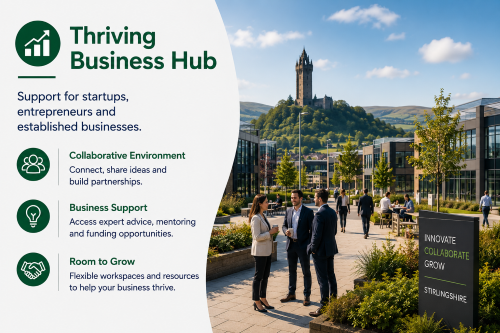 “Why Move to Stirlingshire: Thriving Business Hub” infographic showcasing Stirlingshire’s growing business environment and support network for entrepreneurs, startups and established companies. The image features a modern business campus with professionals networking outdoors, contemporary office buildings, and the Wallace Monument in the background, reflecting the region’s blend of innovation and heritage. Key highlights include collaborative workspaces, access to expert business support, mentoring opportunities, funding resources, and flexible environments designed to help businesses grow. Designed in Stirlingshire-inspired blue and green colours, the graphic demonstrates why Stirlingshire is an attractive destination for business investment, entrepreneurship and economic development. The image promotes innovation, collaboration and sustainable business growth within one of Scotland’s most connected regional economies.”