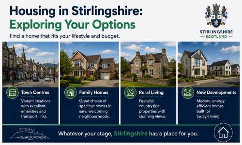 “Why Move to Stirlingshire: Housing in Stirlingshire – Exploring Your Options” infographic highlighting the diverse range of homes available across Stirlingshire, Scotland. The image showcases town centre properties, spacious family homes, rural countryside residences, and modern new developments, reflecting the area's varied housing market. Designed in Stirlingshire-inspired blue and green colours with local landmarks and a Scottish crest, the graphic emphasises excellent amenities, welcoming communities, scenic surroundings, and homes suited to different lifestyles and budgets. The footer message reads: ‘Whatever your stage, Stirlingshire has a place for you.’