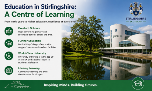 “Why Move to Stirlingshire: Education in Stirlingshire – A Centre of Learning” infographic highlighting the county’s outstanding educational opportunities. The image features the University of Stirling’s modern lakeside campus alongside key benefits including excellent primary and secondary schools, further education through Forth Valley College, a world-class university recognised for student satisfaction, and lifelong learning opportunities for all ages. Designed in Stirlingshire-inspired green and blue colours with a Scottish crest and local landmark illustration, the graphic showcases why Stirlingshire is a leading destination for education and personal development. The footer message reads: ‘Inspiring minds. Building futures.’