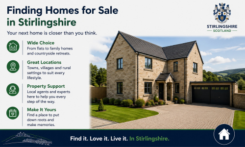 “Why Move to Stirlingshire: Finding Homes for Sale in Stirlingshire” infographic highlighting the range of property opportunities available across Stirlingshire, Scotland. The image features a modern detached family home set against a scenic backdrop, alongside key benefits including a wide choice of properties, desirable town, village and rural locations, expert support from local property professionals, and opportunities to find a long-term home. Designed in Stirlingshire-inspired blue and green colours with a Scottish crest and local landmark illustration, the graphic showcases the area's attractive housing market and lifestyle appeal. The footer message reads: ‘Find it. Love it. Live it. In Stirlingshire.’