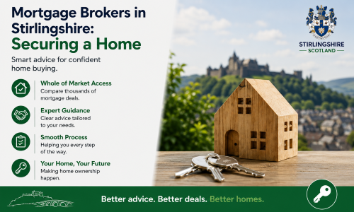 “Why Move to Stirlingshire: Mortgage Brokers in Stirlingshire – Securing a Home” infographic highlighting the benefits of using expert mortgage brokers when buying property in Stirlingshire, Scotland. The image features a wooden model house and house keys set against a scenic view of Stirling Castle and the surrounding landscape. Key benefits include whole-of-market mortgage access, expert guidance tailored to individual needs, support throughout the mortgage process, and assistance in achieving home ownership goals. Designed in Stirlingshire-inspired blue and green colours with a Scottish crest and local landmark illustration, the graphic showcases professional mortgage advice for buyers across the region. The footer message reads: ‘Better advice. Better deals. Better homes.’