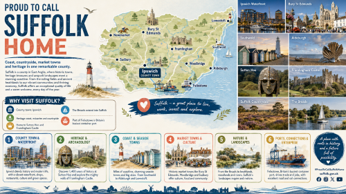 A Suffolk promotional infographic titled “Proud to Call Suffolk Home”, showing a county map with Ipswich, Bury St Edmunds, Lowestoft, Felixstowe, Sudbury, Woodbridge, Southwold, Aldeburgh, Framlingham and Newmarket, alongside highlights including Ipswich Waterfront, Bury St Edmunds, Southwold, Aldeburgh, Sutton Hoo, Framlingham Castle, the Suffolk countryside, the Broads and the Port of Felixstowe. Why Move to Suffolk