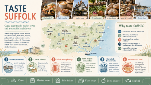 A Suffolk food and drink infographic titled “Taste Suffolk”, showing a county map with Ipswich, Bury St Edmunds, Lowestoft, Southwold, Aldeburgh, Woodbridge, Felixstowe, Newmarket, Sudbury and Framlingham, alongside highlights including coastal seafood, cafés, bakeries, historic pubs, farm shops, local produce, market towns and waterfront dining. Why Move to Suffolk