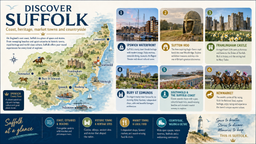 A Suffolk discovery infographic titled “Discover Suffolk”, showing a county map with Ipswich, Bury St Edmunds, Lowestoft, Southwold, Aldeburgh, Felixstowe, Woodbridge, Newmarket and Framlingham, alongside highlights including Ipswich Waterfront, Sutton Hoo, Framlingham Castle, Bury St Edmunds, Southwold, the Suffolk coast and Newmarket horse racing. Why Move to Suffolk