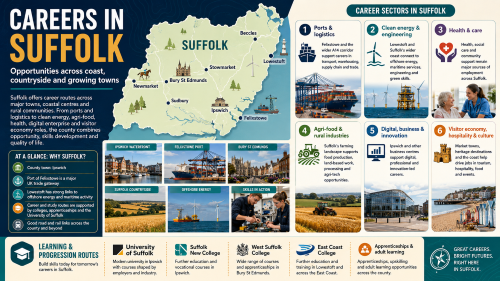 A Suffolk careers infographic titled “Careers in Suffolk”, showing a county map with Ipswich, Lowestoft, Bury St Edmunds, Felixstowe, Stowmarket, Sudbury, Newmarket and Beccles, alongside career sectors including ports and logistics, clean energy, health and care, agri-food, digital business, tourism, hospitality and learning routes. Why Move to Suffolk