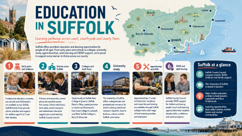 : A Suffolk education infographic titled “Education in Suffolk”, showing a county map with Ipswich, Bury St Edmunds, Lowestoft, Felixstowe, Stowmarket, Sudbury, Leiston and Halesworth, alongside learning pathways for early years, schools, colleges, university study, apprenticeships, SEND support and adult learning. Why Move to Suffolk