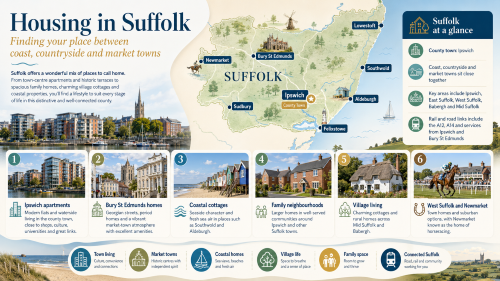 A Suffolk housing infographic titled “Housing in Suffolk”, showing Ipswich, Bury St Edmunds, Newmarket, Felixstowe, Lowestoft, Southwold, Aldeburgh and Sudbury on a county map, with housing options including Ipswich apartments, Bury St Edmunds homes, coastal cottages, family neighbourhoods, village living and Newmarket town homes. Why Move to Suffolk