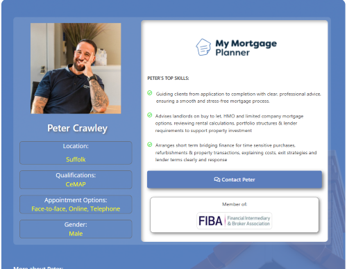 Profile card for Peter Crawley of My Mortgage Planner, showing his portrait, Suffolk location, CeMAP qualification, appointment options, and top skills in mortgage advice. Why Move to Suffolk