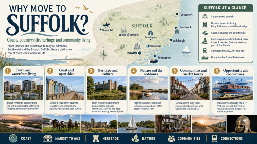 A Suffolk relocation infographic titled “Why Move to Suffolk?”, showing a county map with Ipswich, Bury St Edmunds, Lowestoft, Felixstowe, Southwold, Aldeburgh, Woodbridge, Framlingham and Newmarket, with highlights including coast, market towns, heritage, nature, communities, transport links and the Port of Felixstowe. Why Move to Suffolk