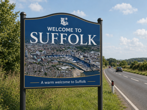 Roadside welcome sign reading “Welcome to Suffolk” with a large aerial harbour image displayed on the sign. The blue sign is mounted on two posts beside a rural road with grass verges, trees, open countryside, cars in the distance and a bright blue sky. A smaller line at the bottom of the sign reads “A warm welcome to Suffolk.” Why Move to Suffolk